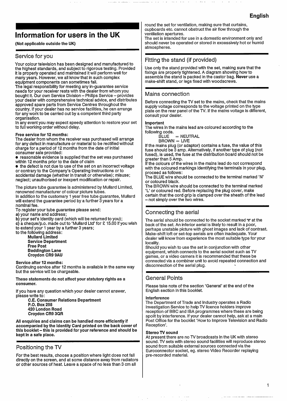 Information for users in the uk, Service for you, Positioning the tv | Fitting the stand (if provided), Mains connection, Connecting the aerial, General points | Philips MATCHLINE 33CE7536 User Manual | Page 5 / 23