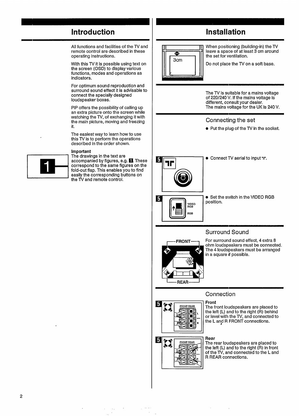 Introduction, Connecting the set, Surround sound | Connection, Installation, B[ connection | Philips MATCHLINE 33CE7536 User Manual | Page 6 / 23