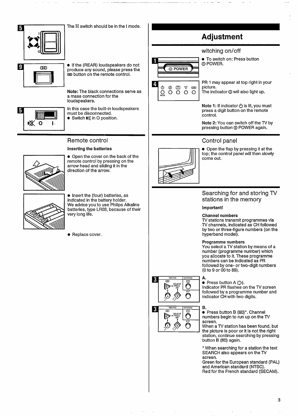 Remote control, Adjustment, Witching on/off | Control panei, C o i, Q 00 | Philips MATCHLINE 33CE7536 User Manual | Page 7 / 23