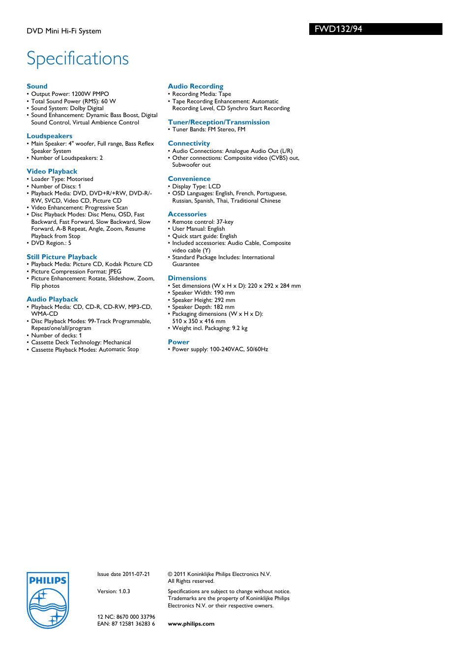 Specifications | Philips FWD132 User Manual | Page 3 / 3