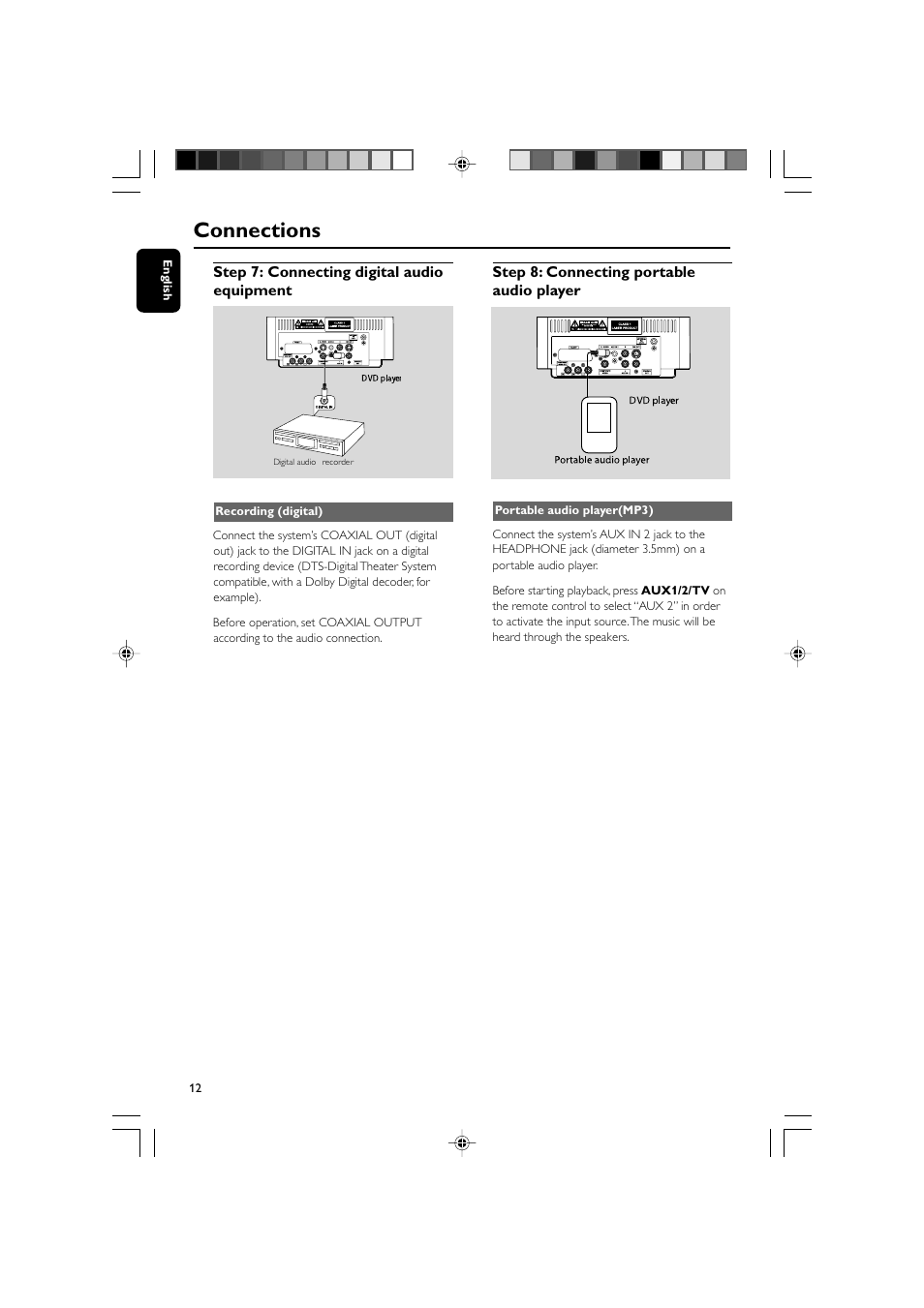 Connections, Step 7: connecting digital audio equipment, Step 8: connecting portable audio player | Philips 625p User Manual | Page 12 / 37