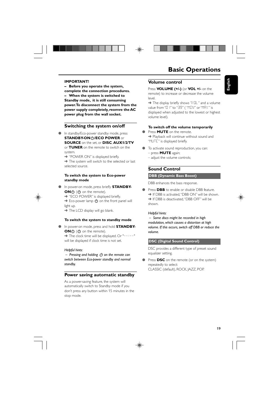 Basic operations, Switching the system on/off, Power saving automatic standby | Volume control, Sound control | Philips 625p User Manual | Page 19 / 37