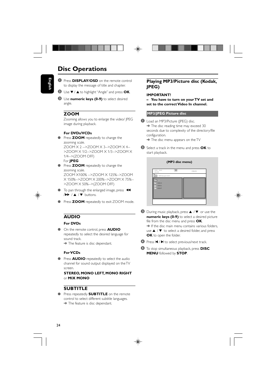 Disc operations, Playing mp3/picture disc (kodak, jpeg), Zoom | Audio, Subtitle | Philips 625p User Manual | Page 24 / 37