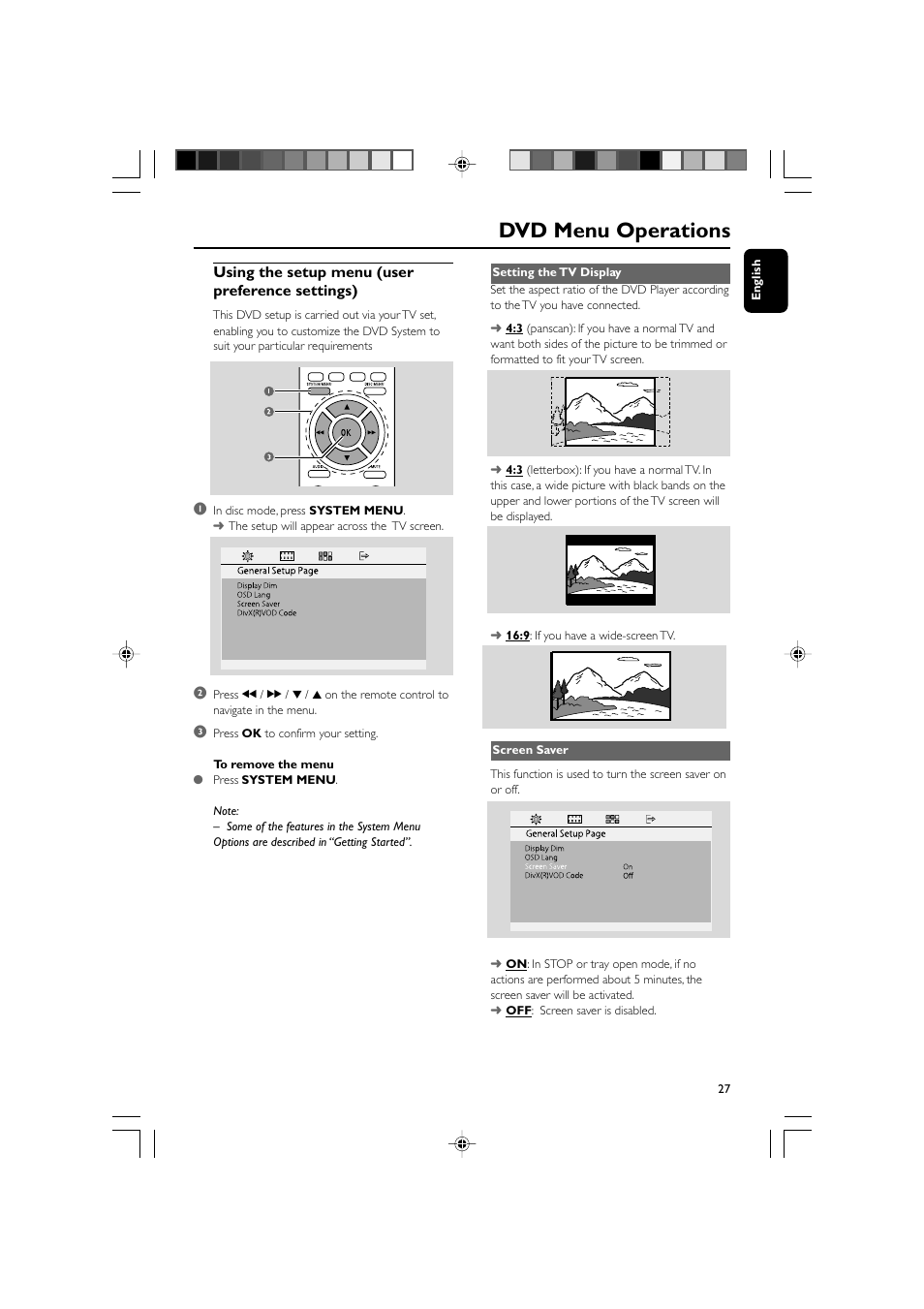 Dvd menu operations, Using the setup menu (user preference settings) | Philips 625p User Manual | Page 27 / 37