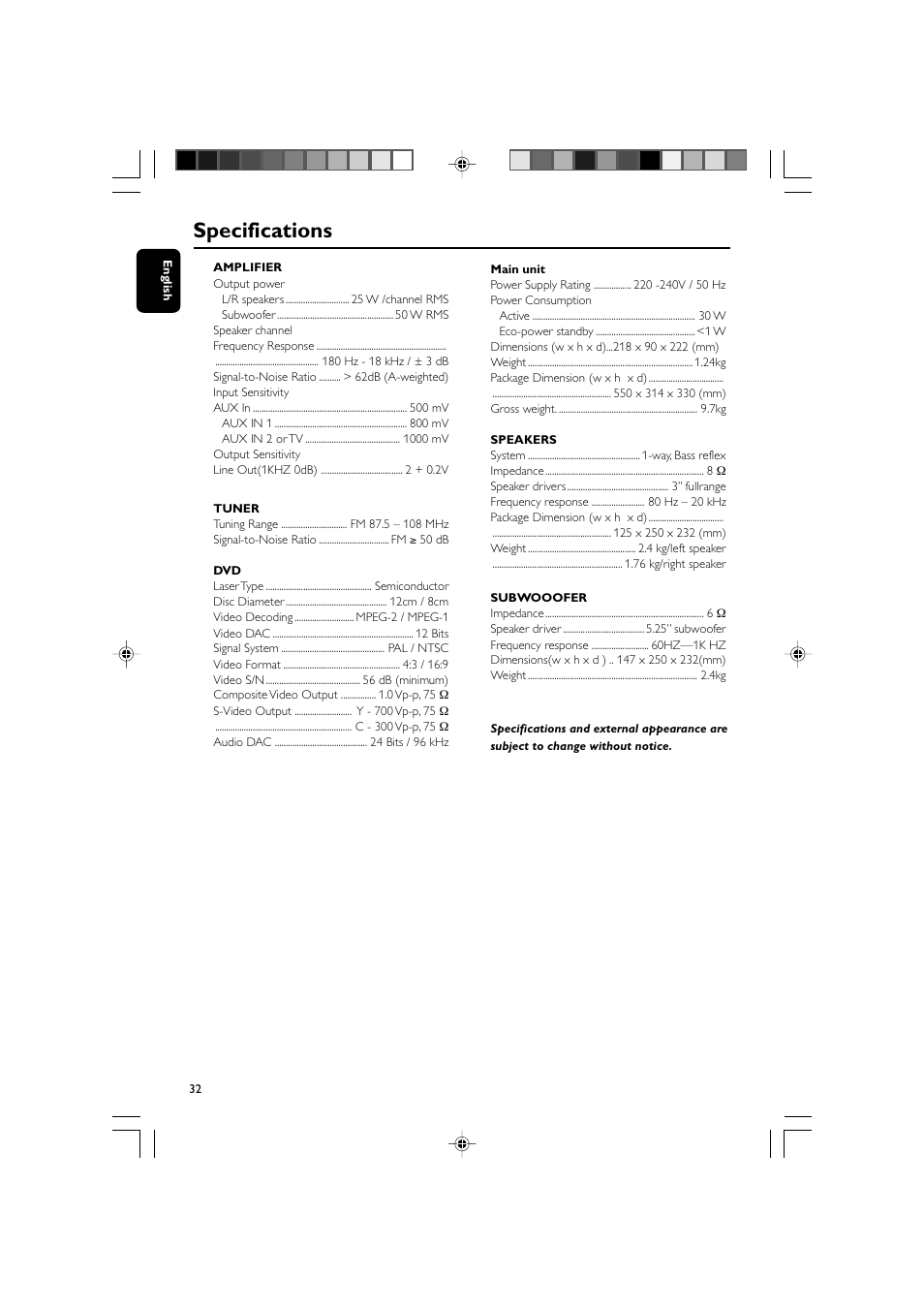 Specifications | Philips 625p User Manual | Page 32 / 37