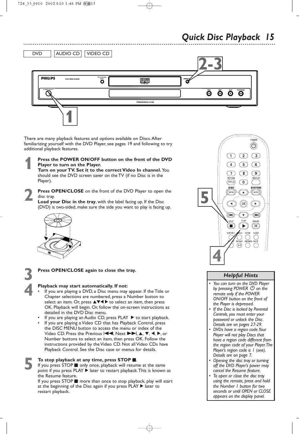 Quick disc playback 15 | Philips DVD724 User Manual | Page 15 / 48