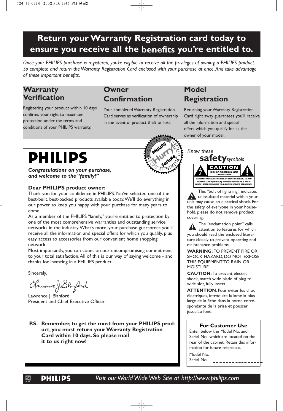 Safety, Hurry, Warranty verification | Owner confirmation, Model registration, Know these, Symbols | Philips DVD724 User Manual | Page 2 / 48