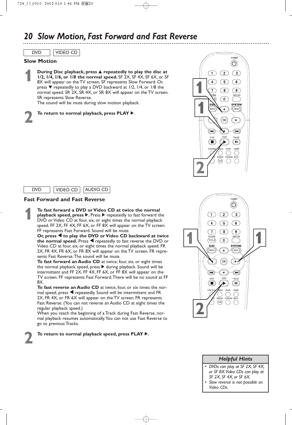 20 slow motion, fast forward and fast reverse | Philips DVD724 User Manual | Page 20 / 48