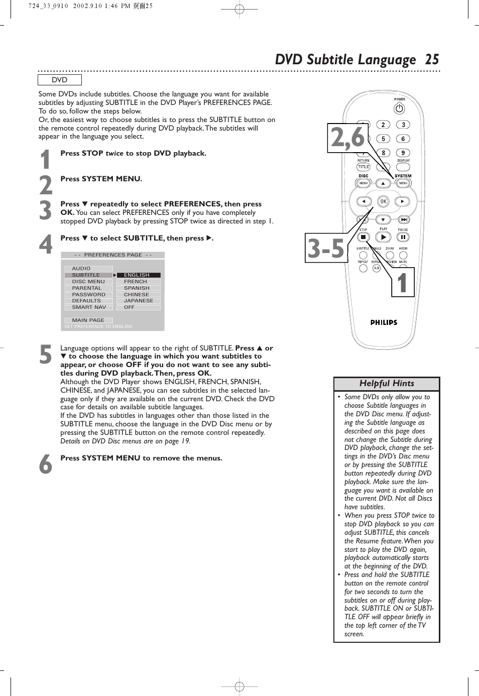 Dvd subtitle language 25 | Philips DVD724 User Manual | Page 25 / 48