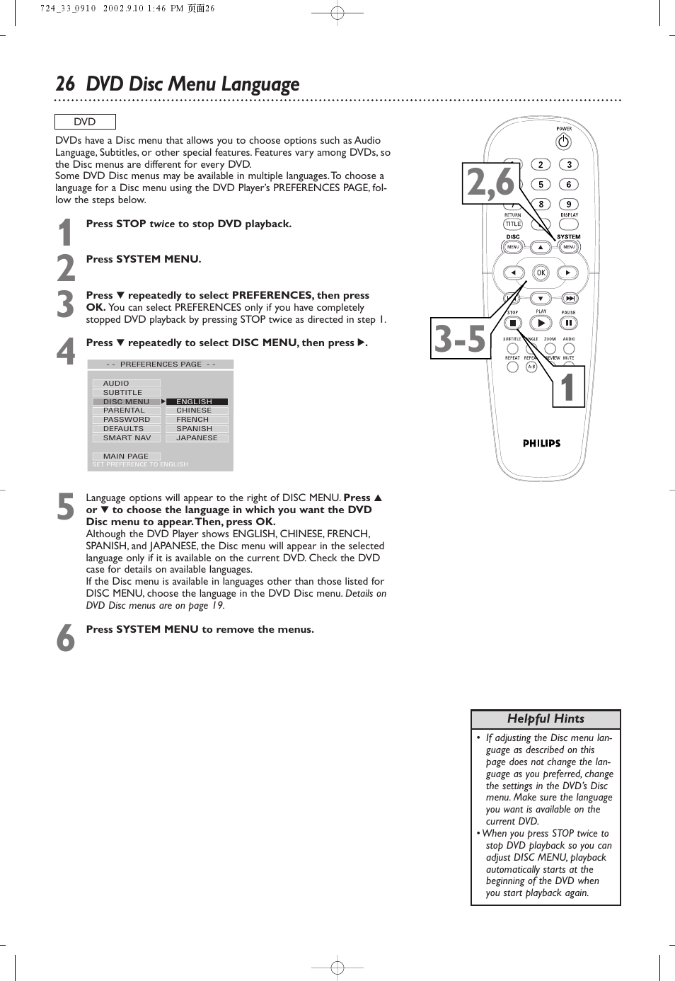 26 dvd disc menu language | Philips DVD724 User Manual | Page 26 / 48