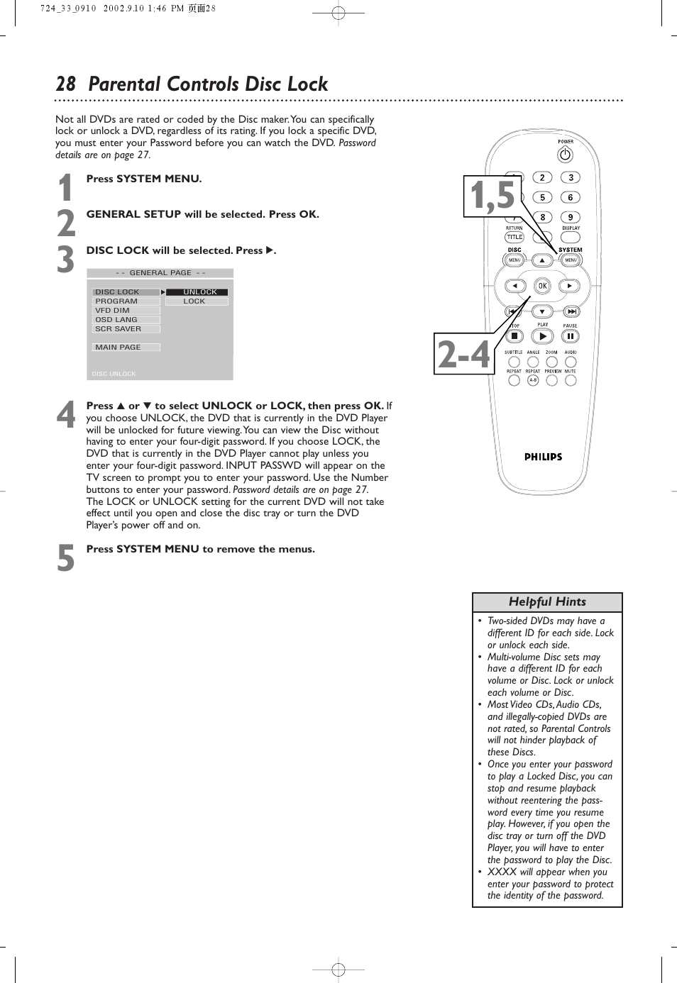 28 parental controls disc lock | Philips DVD724 User Manual | Page 28 / 48