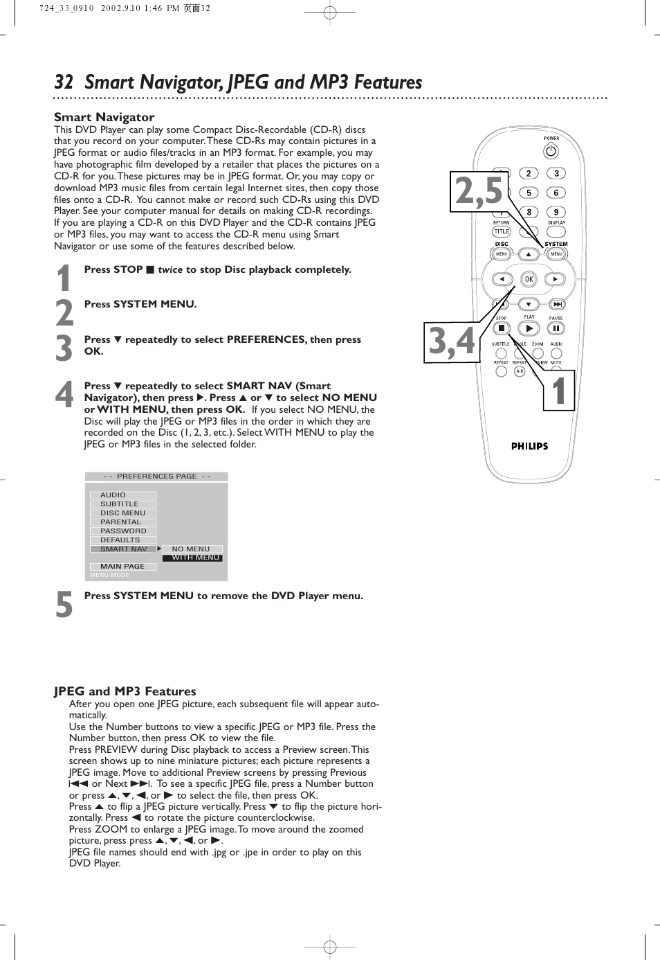 32 smart navigator, jpeg and mp3 features | Philips DVD724 User Manual | Page 32 / 48