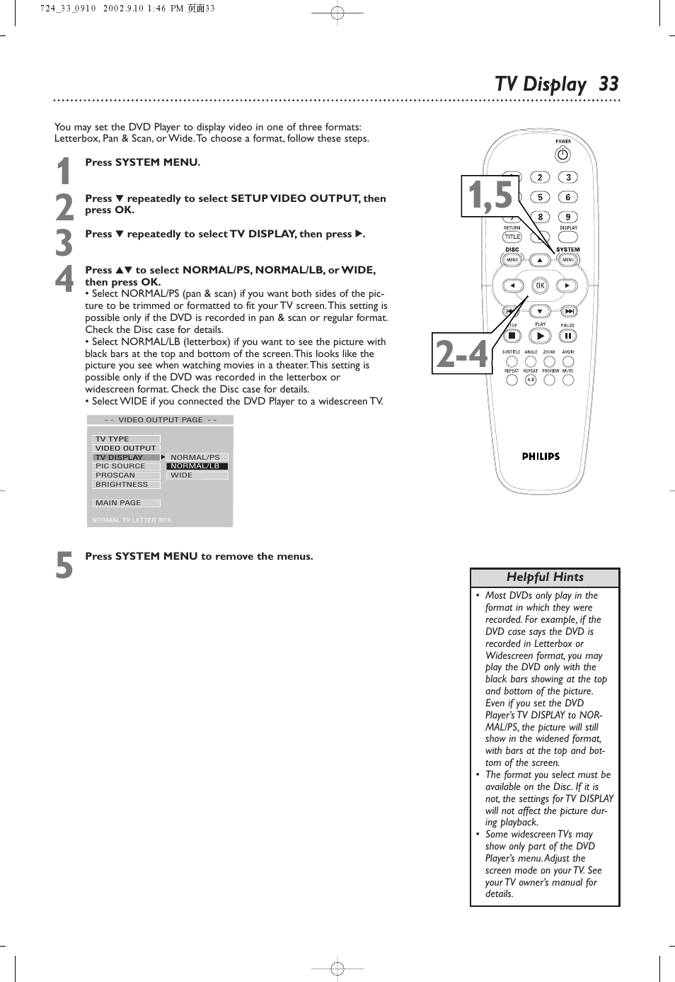 Tv display 33 | Philips DVD724 User Manual | Page 33 / 48