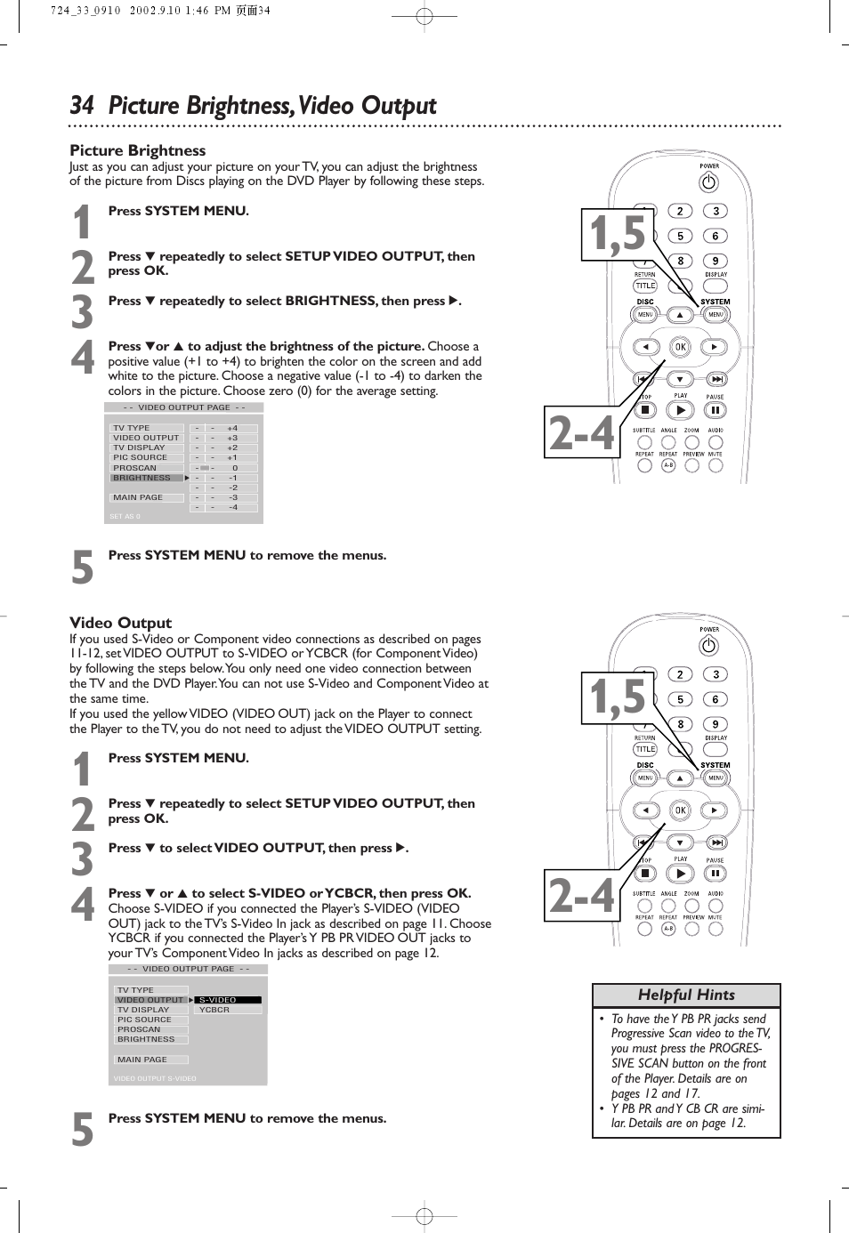 34 picture brightness,video output | Philips DVD724 User Manual | Page 34 / 48