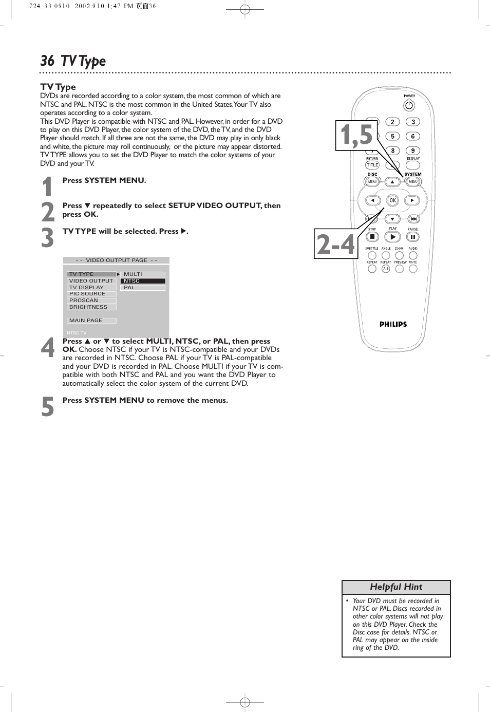 36 tv type | Philips DVD724 User Manual | Page 36 / 48