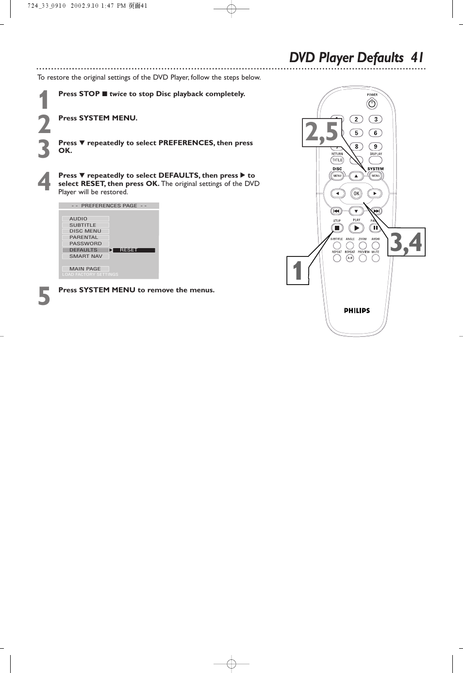 Dvd player defaults 41 | Philips DVD724 User Manual | Page 41 / 48