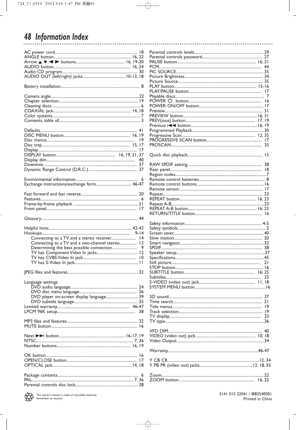 48 information index | Philips DVD724 User Manual | Page 48 / 48