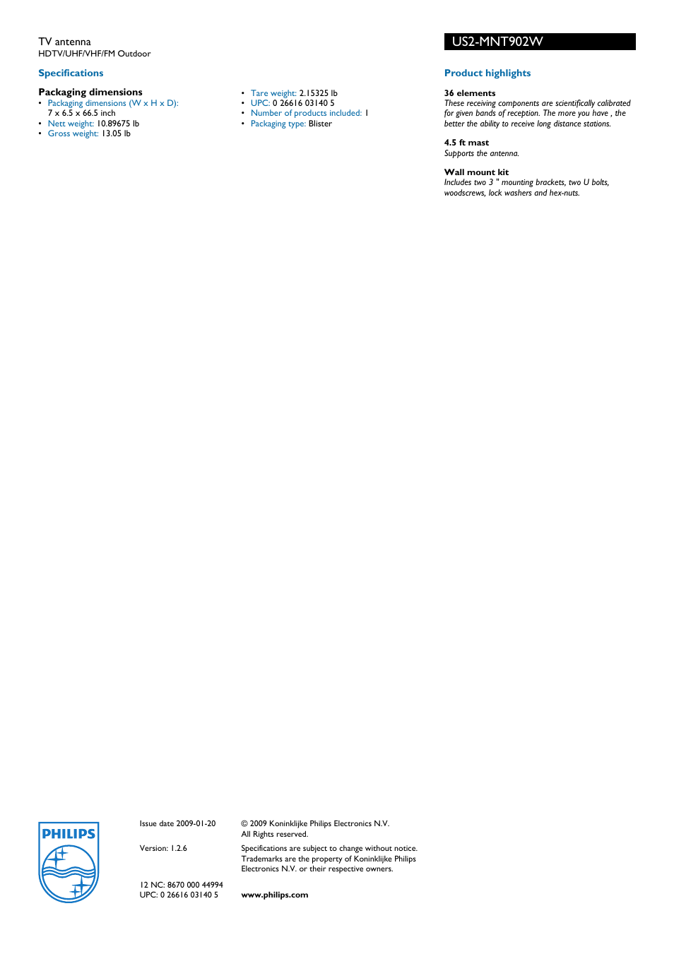 Us2-mnt902w | Philips US2-MNT902W User Manual | Page 2 / 2