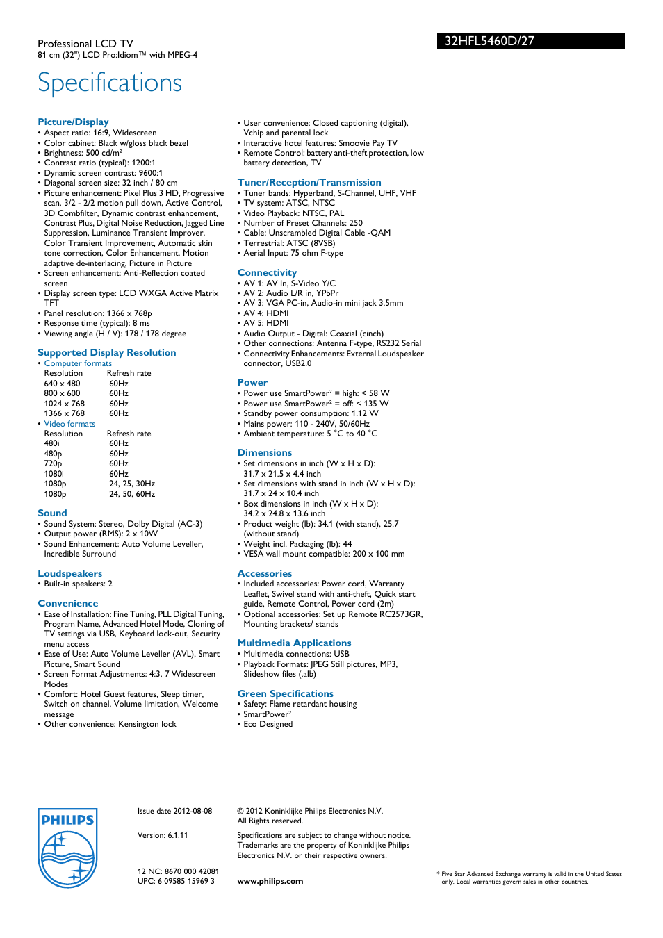 Specifications | Philips 32HFL5460D User Manual | Page 3 / 3