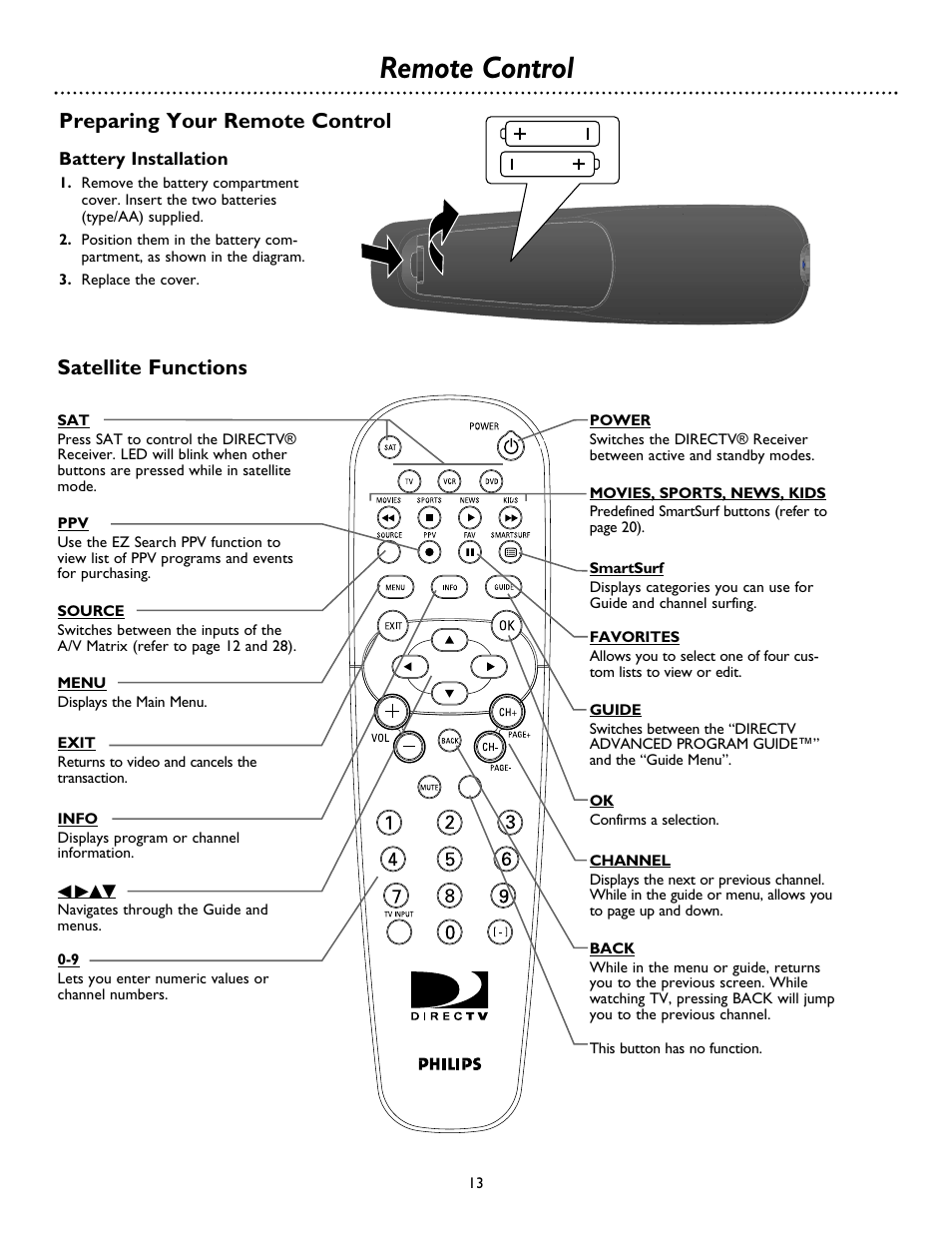 Remote control, Preparing your remote control satellite functions | Philips DSX 5500 User Manual | Page 13 / 36