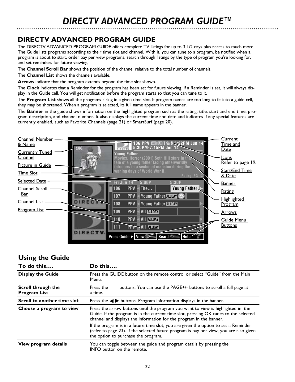 Directv advanced program guide, Using the guide | Philips DSX 5500 User Manual | Page 22 / 36