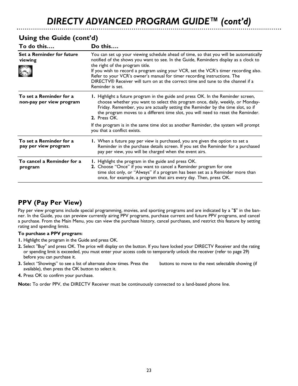 Directv advanced program guide™ (cont’d), Ppv (pay per view), Using the guide (cont’d) | Philips DSX 5500 User Manual | Page 23 / 36