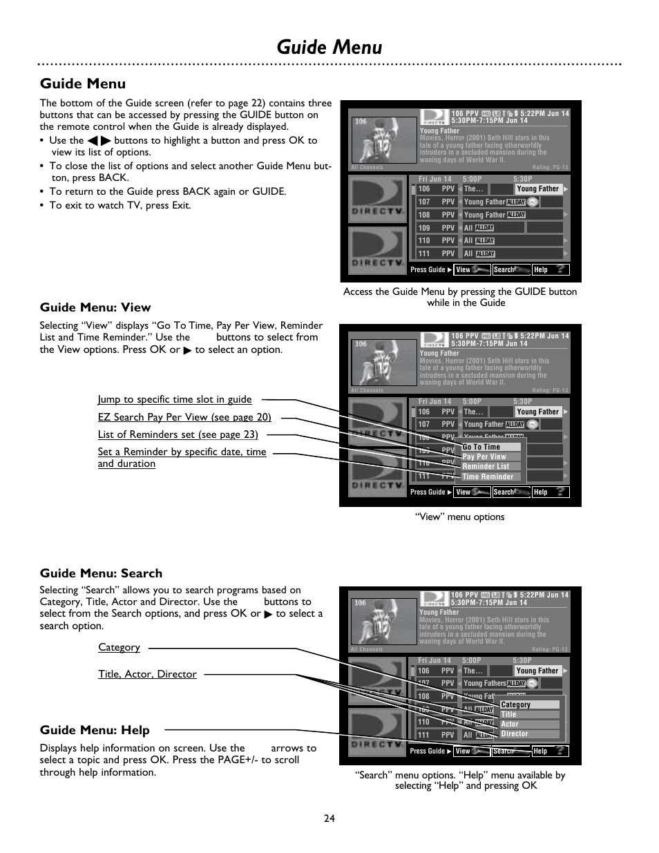 Guide menu, Guide menu: view, Guide menu: search | Guide menu: help, Category title, actor, director | Philips DSX 5500 User Manual | Page 24 / 36