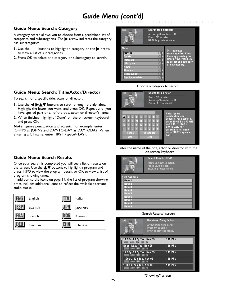 Guide menu (cont’d), Guide menu: search: category, Guide menu: search results | Guide menu: search: title/actor/director | Philips DSX 5500 User Manual | Page 25 / 36