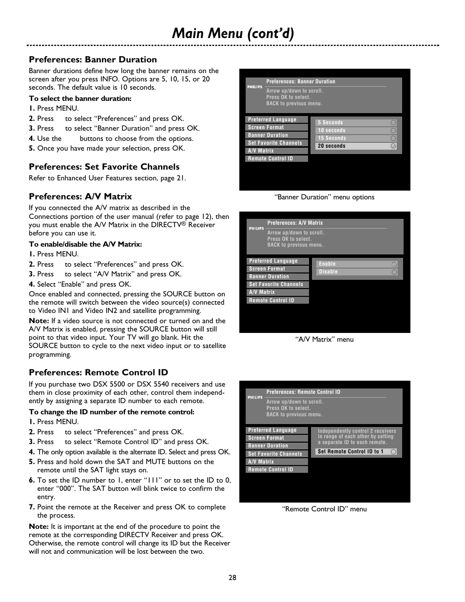 Main menu (cont’d), Preferences: banner duration, Preferences: set favorite channels | Preferences: a/v matrix, Preferences: remote control id | Philips DSX 5500 User Manual | Page 28 / 36