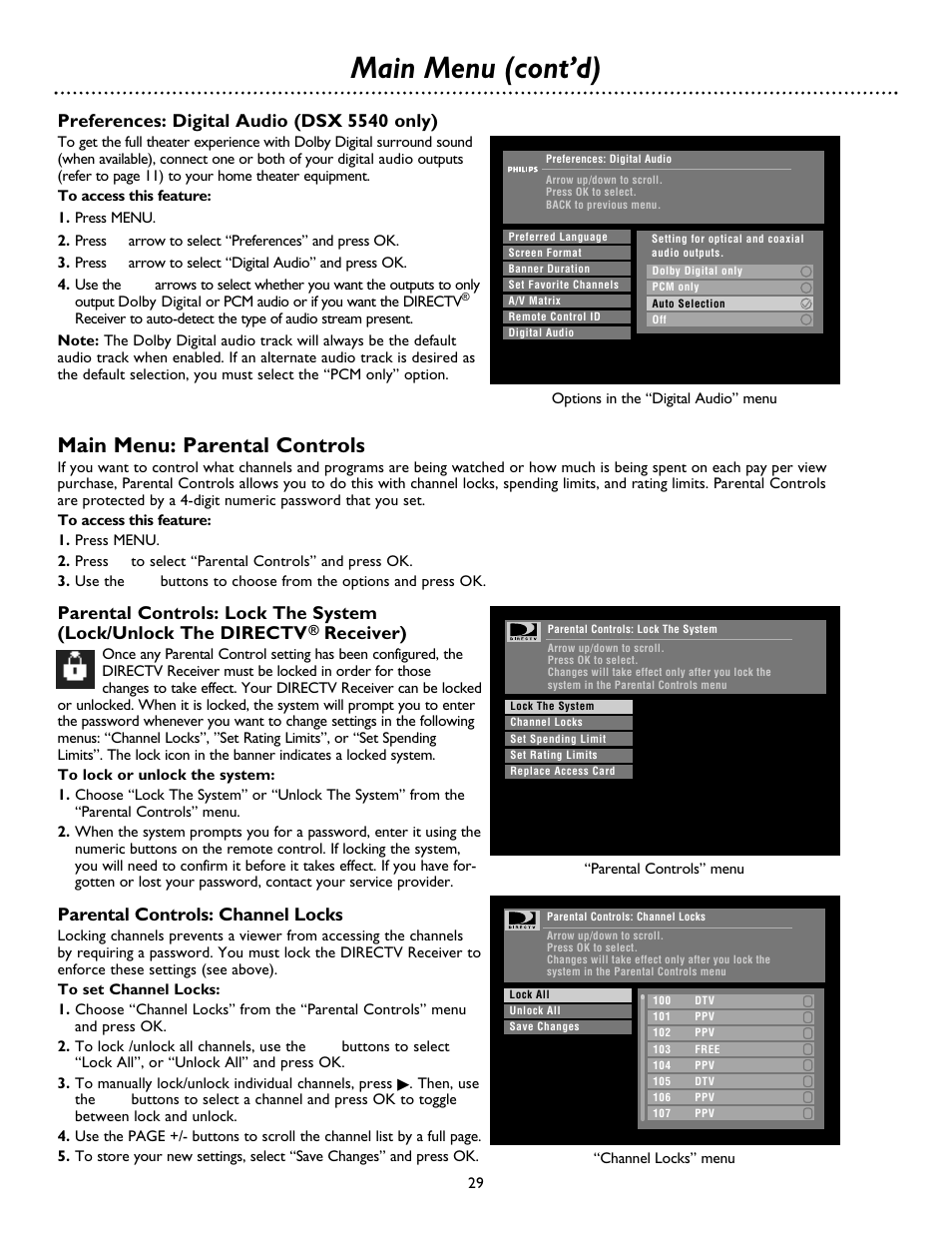 Main menu (cont’d), Main menu: parental controls, Preferences: digital audio (dsx 5540 only) | Receiver), Parental controls: channel locks | Philips DSX 5500 User Manual | Page 29 / 36