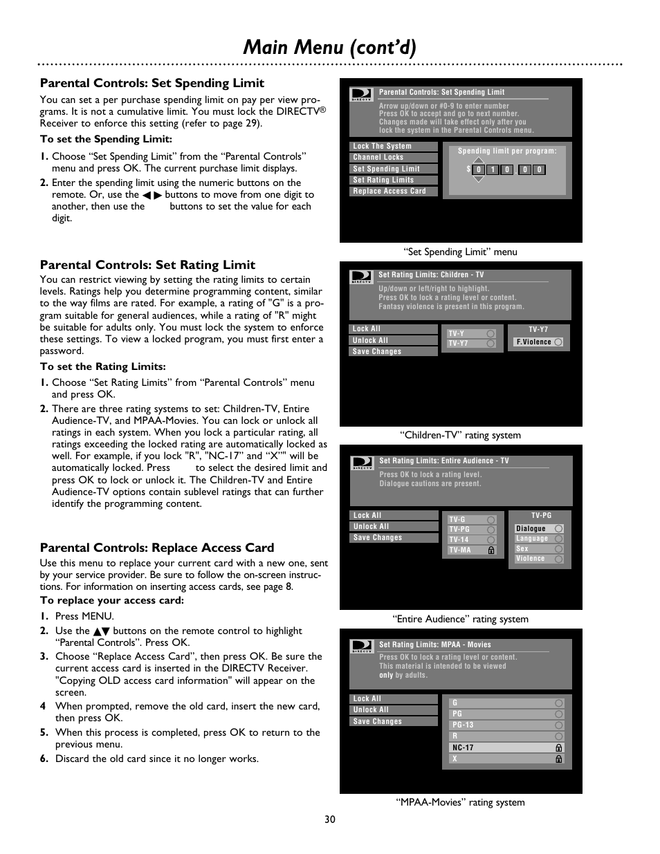 Main menu (cont’d), Parental controls: set spending limit, Parental controls: set rating limit | Parental controls: replace access card | Philips DSX 5500 User Manual | Page 30 / 36