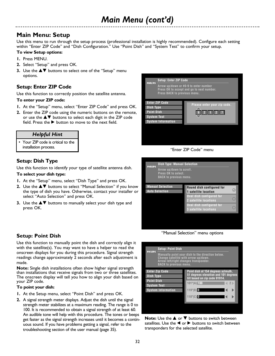 Main menu (cont’d), Main menu: setup, Setup: enter zip code | Setup: dish type, Setup: point dish, Helpful hint | Philips DSX 5500 User Manual | Page 32 / 36