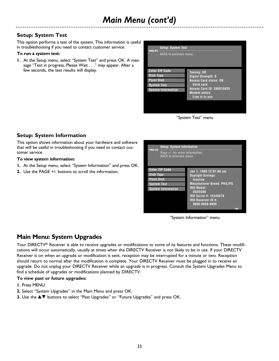 Main menu (cont’d), Main menu: system upgrades, Setup: system test | Setup: system information | Philips DSX 5500 User Manual | Page 33 / 36