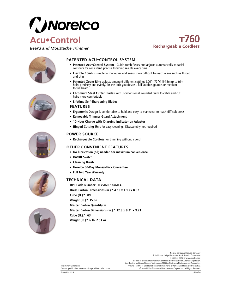 Patented acu•control system, Features, Power source | Other convenient features, Technical data | Philips T 760 User Manual | Page 2 / 2