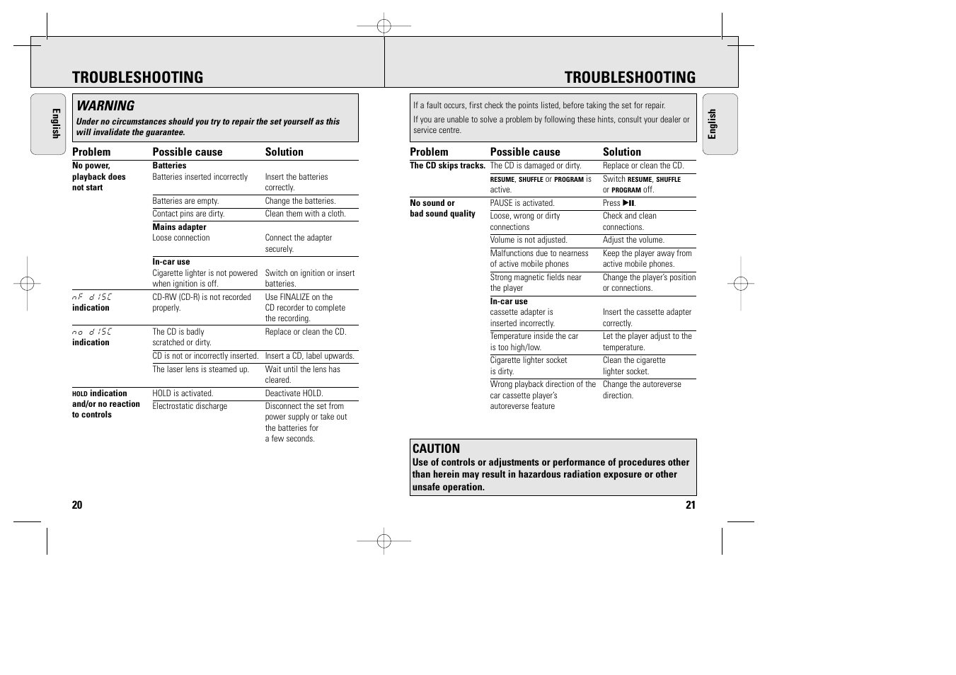 Troubleshooting, Warning | Philips AX5002 User Manual | Page 12 / 12