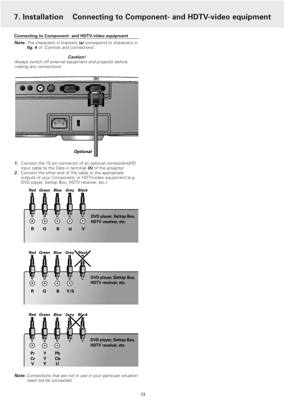 Connecting to component- and hdtv-video equipment, Installation | Philips cBright 2 Series User Manual | Page 13 / 23