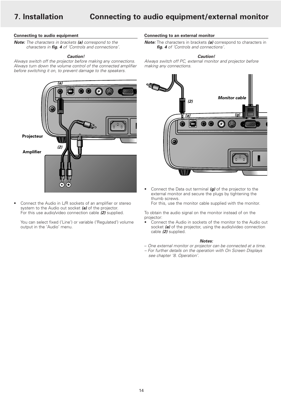 Connecting to audio equipment, Connecting to an external monitor, 2) (a) (g) projecteur amplifier | 2) (a) | Philips cBright 2 Series User Manual | Page 14 / 23