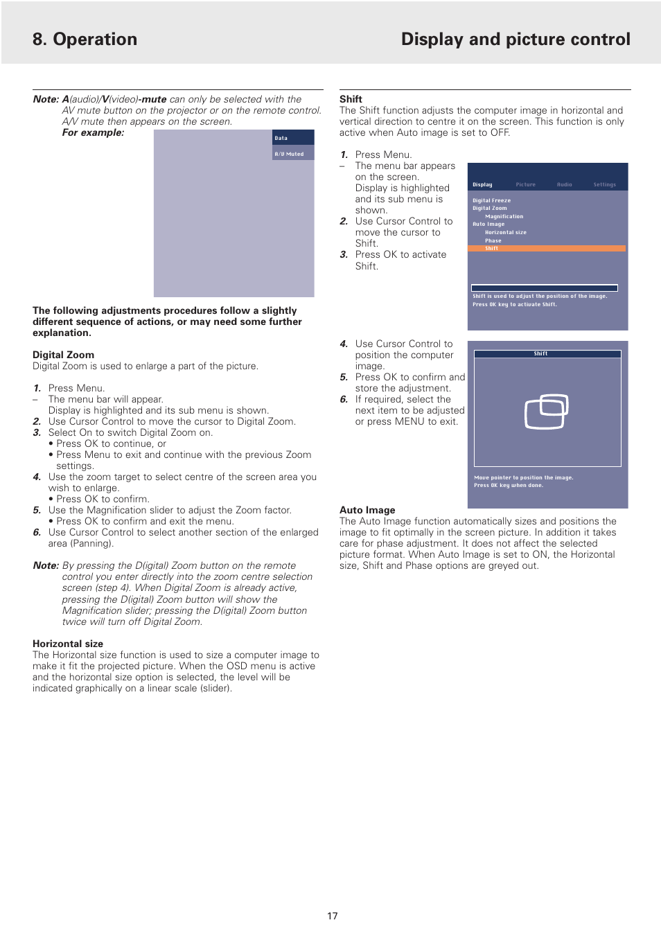 Operation, Display and picture control | Philips cBright 2 Series User Manual | Page 17 / 23