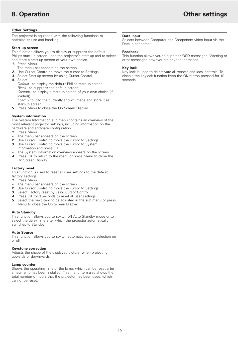 Other settings, Operation | Philips cBright 2 Series User Manual | Page 19 / 23