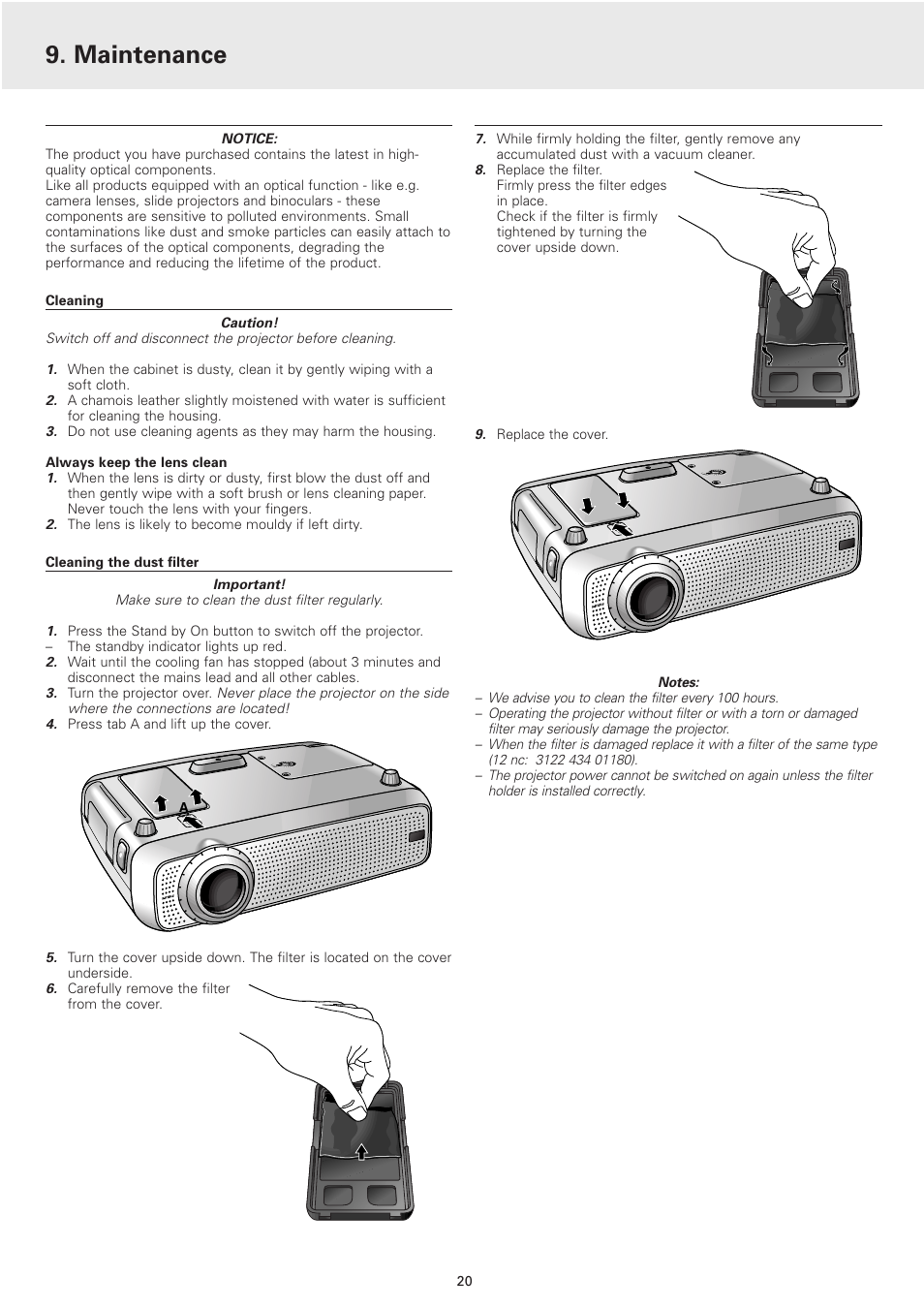 Maintenance, Cleaning, Cleaning the dust filter | Philips cBright 2 Series User Manual | Page 20 / 23