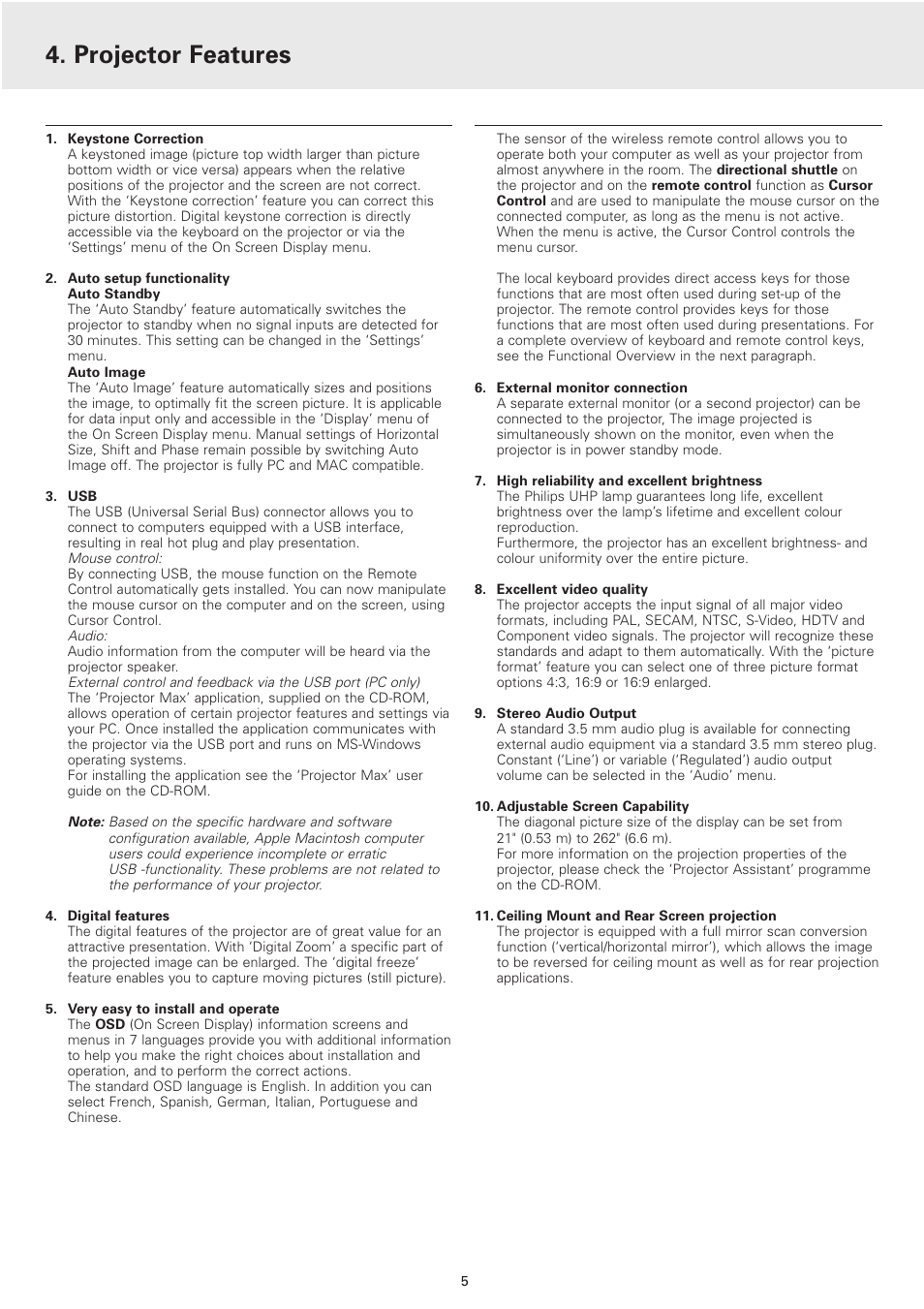 Projector features | Philips cBright 2 Series User Manual | Page 5 / 23