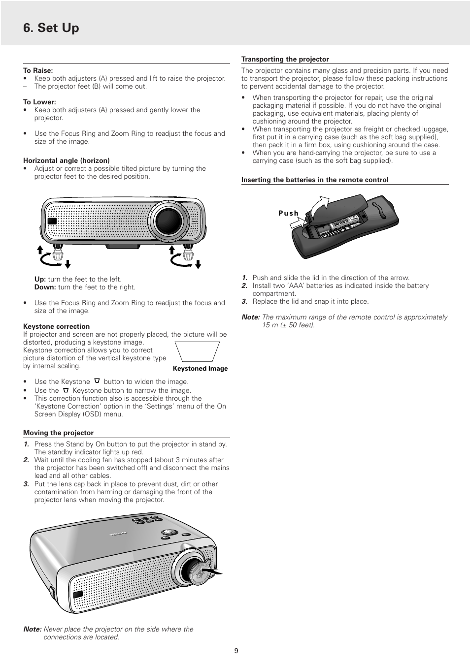 Moving the projector, Transporting the projector, Inserting the batteries in the remote control | Set up | Philips cBright 2 Series User Manual | Page 9 / 23