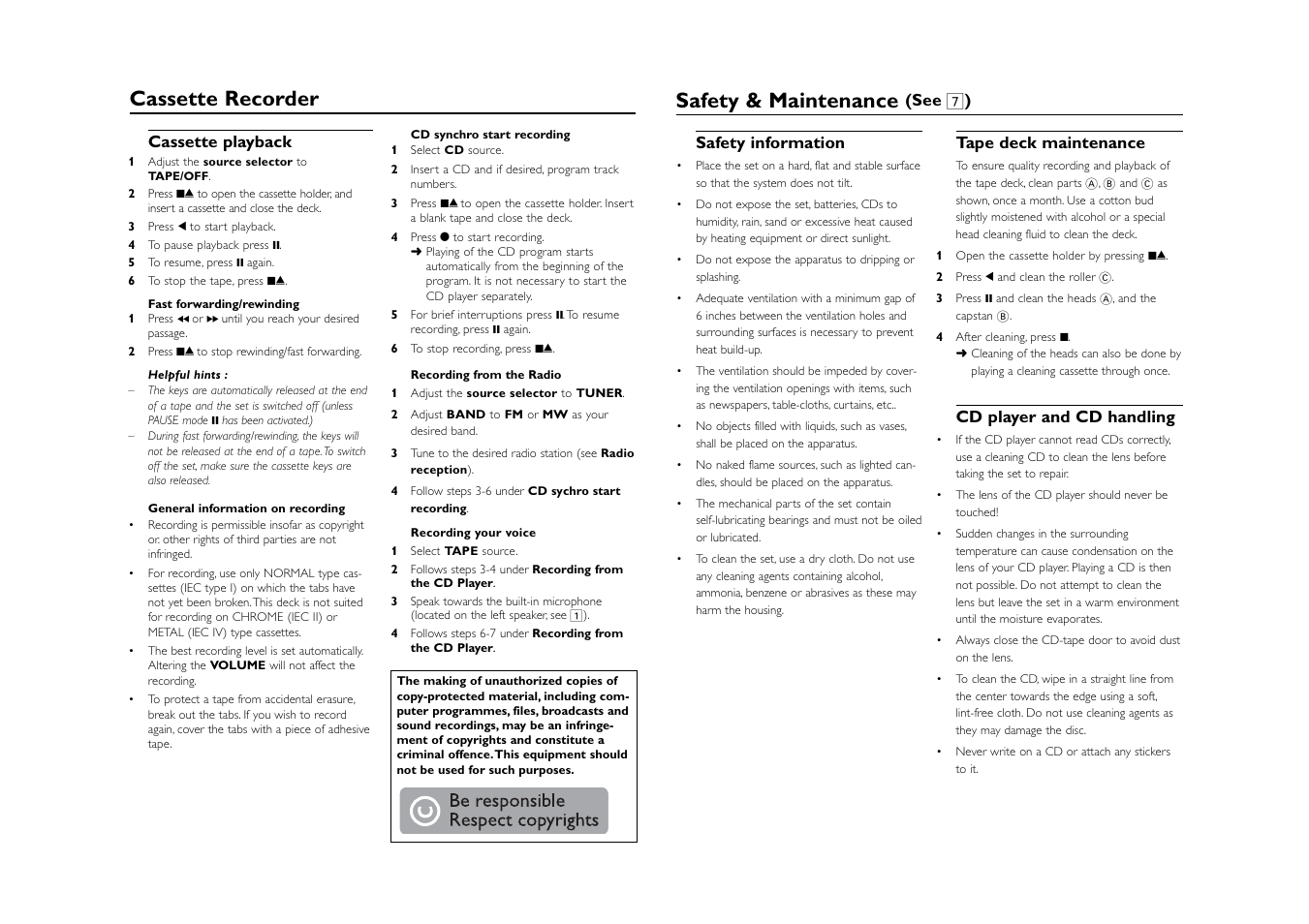 Safety & maintenance, Cassette recorder | Philips AZ1017 User Manual | Page 5 / 6