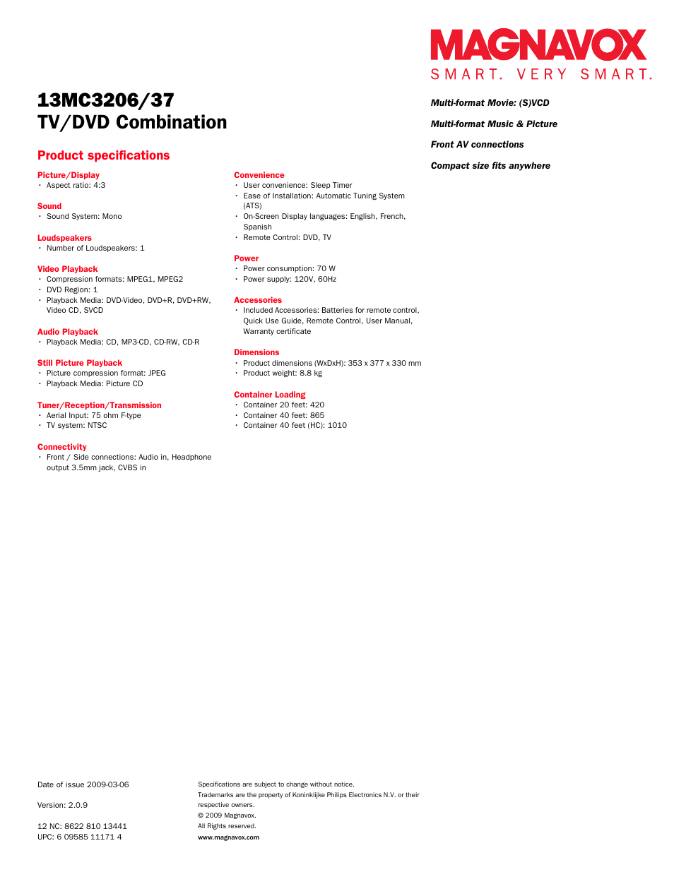 Tv/dvd combination, Product specifications | Philips Magnavox 13MC3206 User Manual | Page 2 / 2