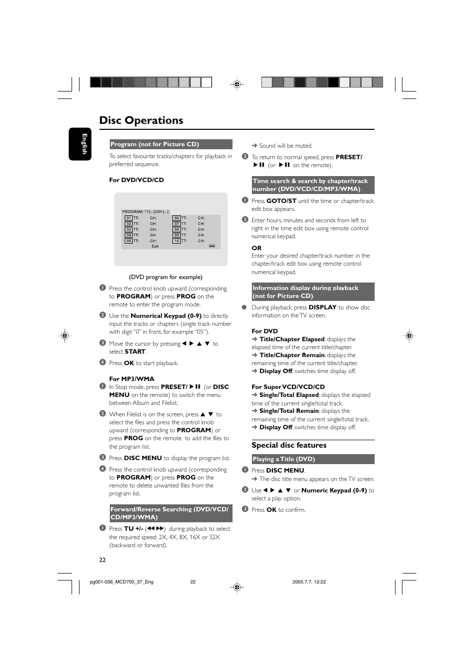 Disc operations | Philips DVD Micro Theatre MCD702 User Manual | Page 22 / 36