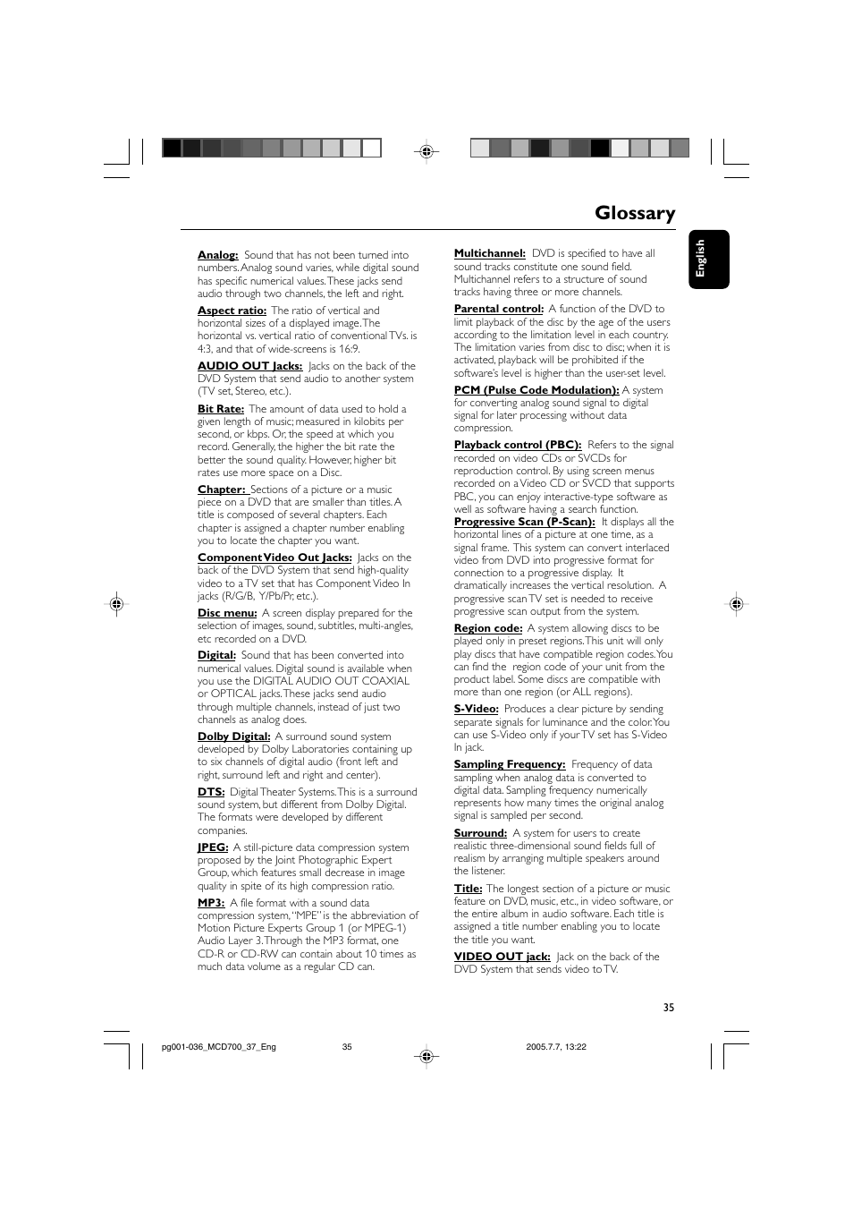 Glossary | Philips DVD Micro Theatre MCD702 User Manual | Page 35 / 36