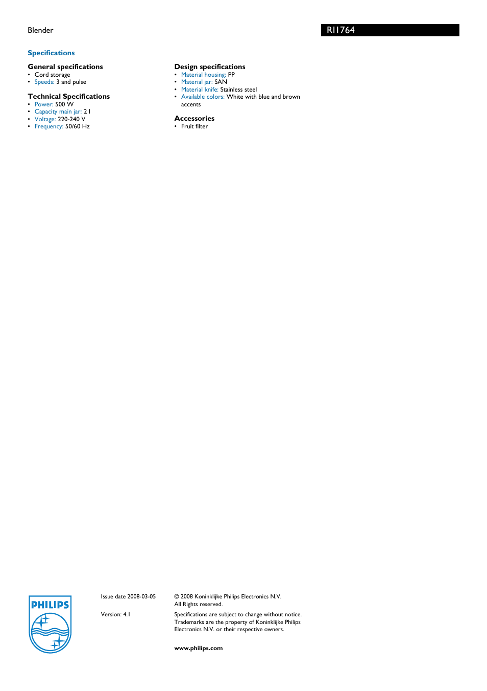 Philips, Rm764 | Philips Walita RI1764 User Manual | Page 2 / 2