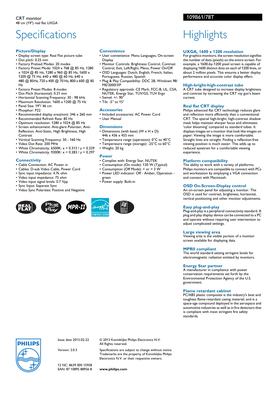 Specifications, Highlights | Philips 109B61 User Manual | Page 2 / 2