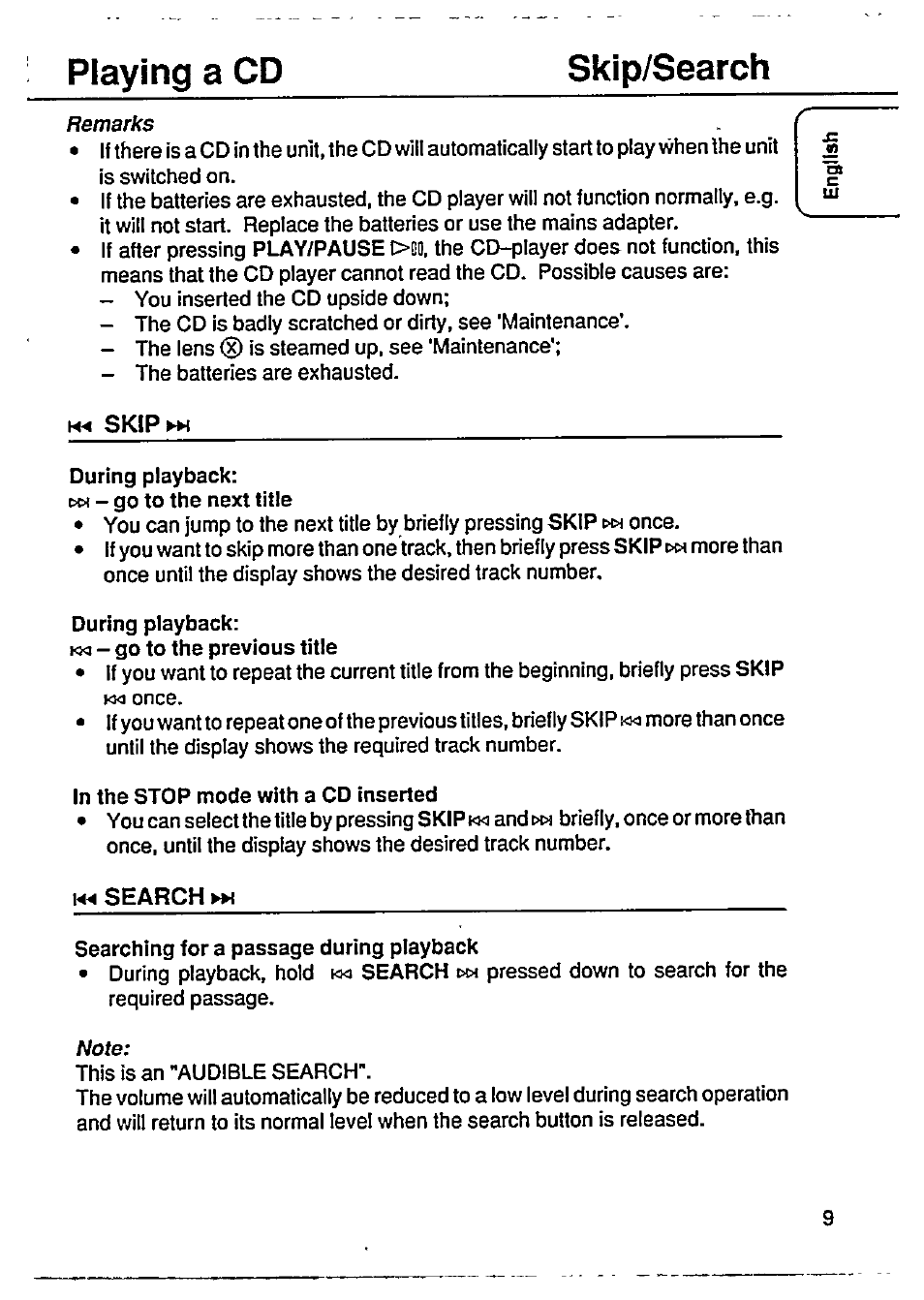 Playing a cd skip/search | Philips RD5050/18 User Manual | Page 9 / 13