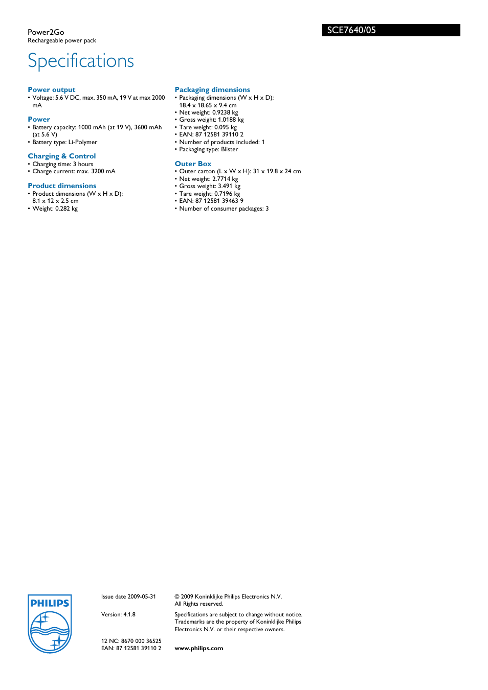 Specifications | Philips Power2Go SCE7640 User Manual | Page 2 / 2